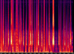 Image displays the FFT spectral content of a sound file where that sound file has been run through a tanh function.